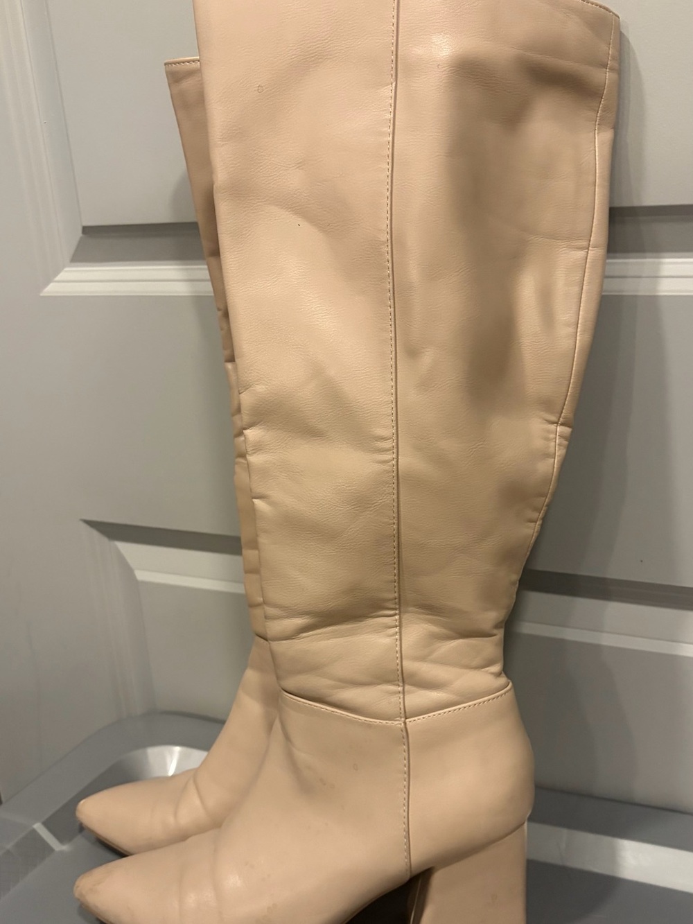 Leather Knee-High Block Heel Boots in Beige- Wide Calf
